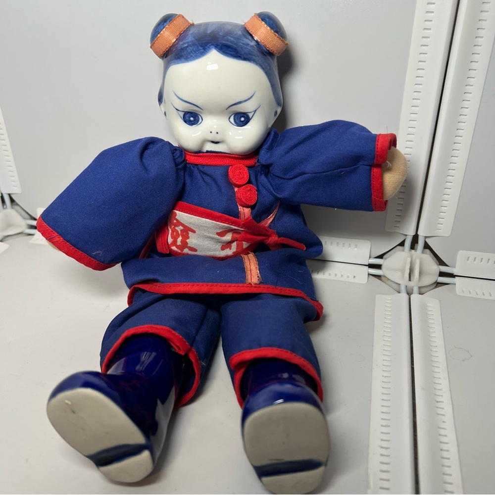 Vintage Old 1970s Blue White China Face Doll 11”Chinese Porcelain Face And Feet